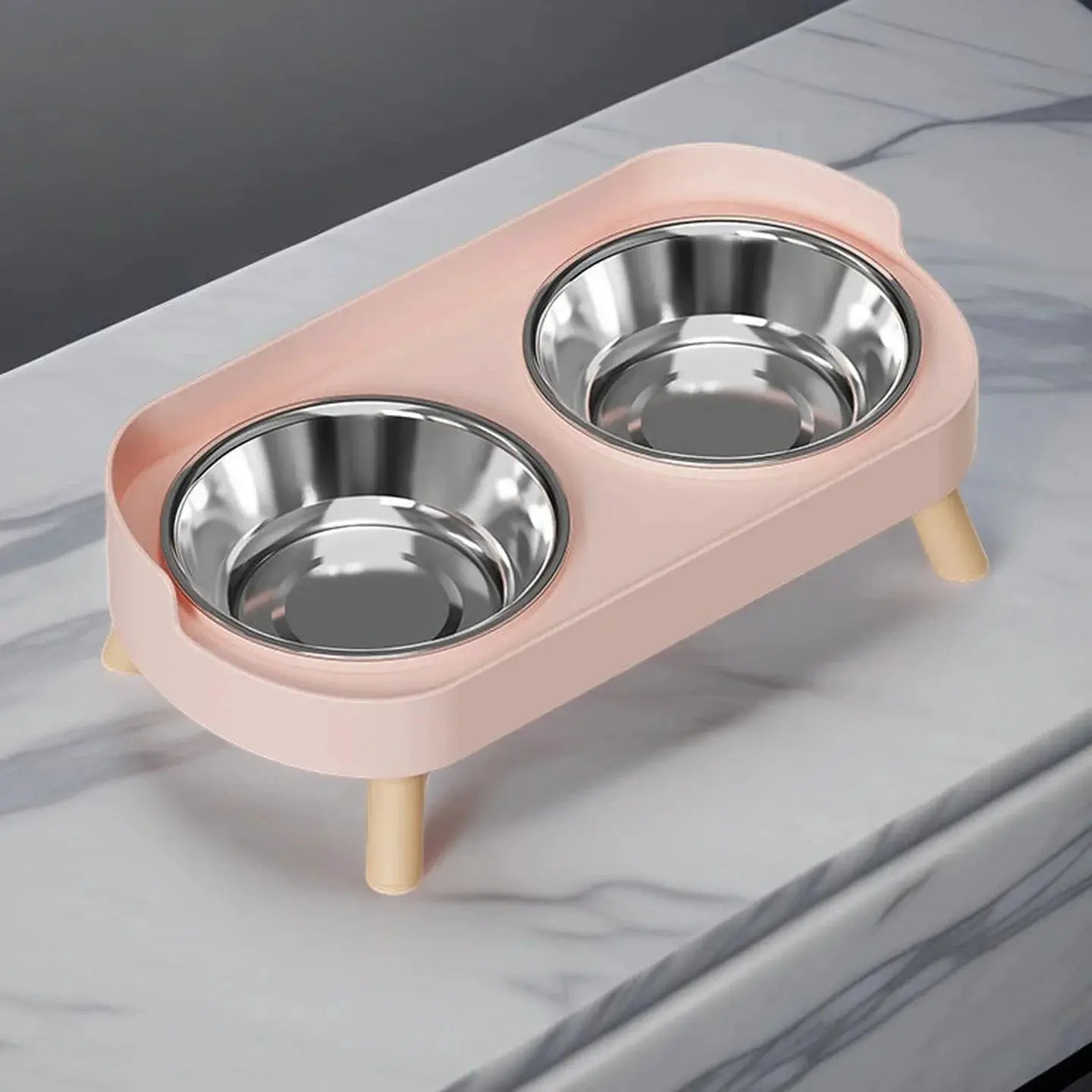 Simples Market fashion pet feeding station with dual stainless steel bowls, pink elevated neck-support feeder for cats and dogs
