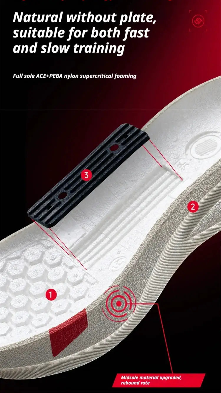 XTEP 2000km PRO men's running shoe outsole with black stability plate, white midsole, red heel accent