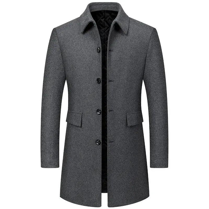 Simples Market men's grey wool-blend trench coat, long lapel overcoat with button closures