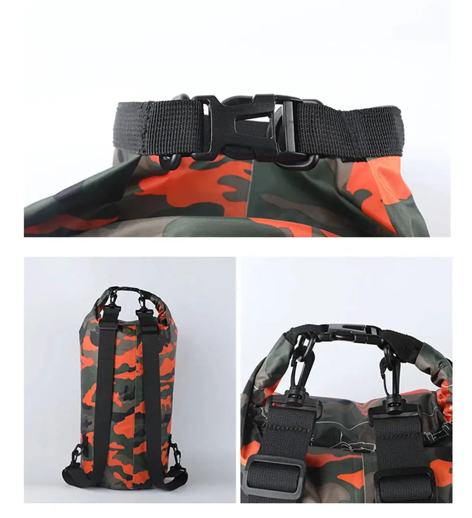 Simples Market camouflage dry bag waterproof for outdoor activities with black straps and roll-top closure