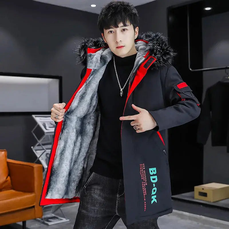 Winter men's long down jacket by Simples Market, black with red trim, fur-trimmed hood, grey fleece lining.