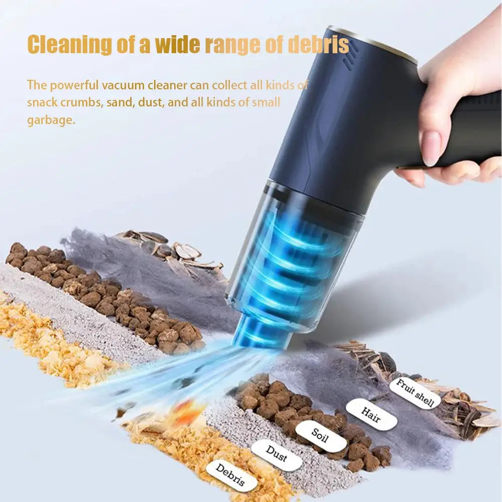 Car vacuum cleaner CENRR 98000PA, black handheld with blue LED glow, Simples Market