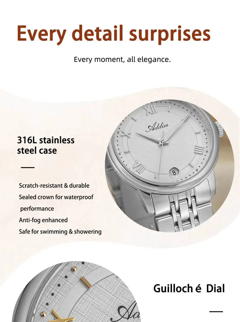 Addies luxury women's watch by Simples Market; 316L stainless steel case, silver dial and bracelet, water resistant