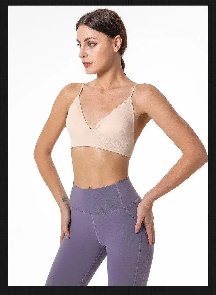 Simples Market V Neck Seamless Triangle Cup Bra Camisole in beige for women, breathable casual underwear.
