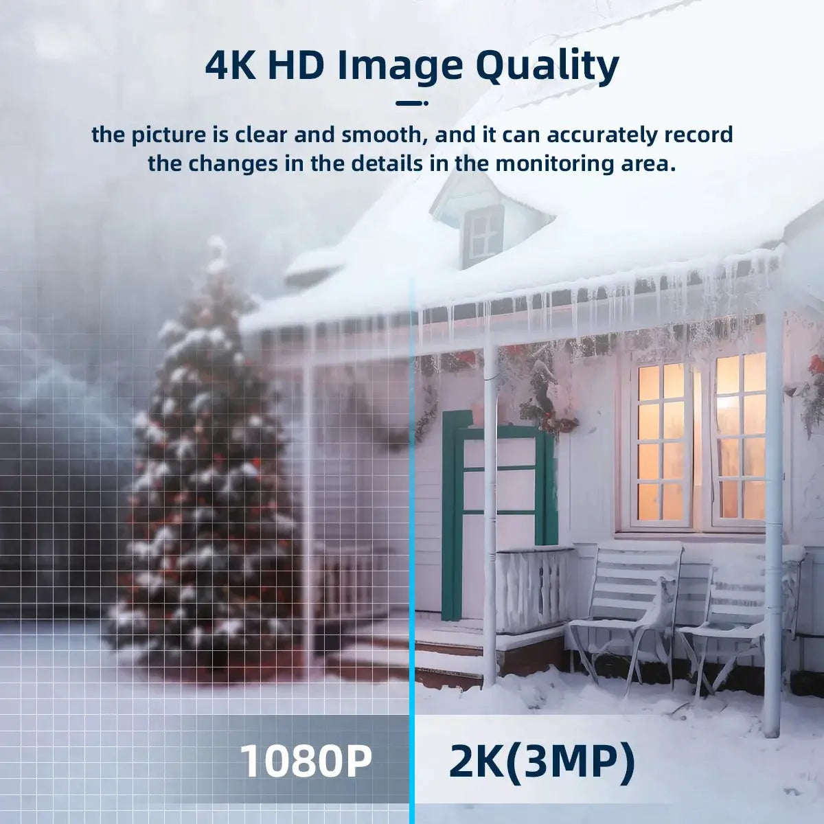 4K PTZ IP outdoor security camera banner showing 1080P vs 2K (3MP) resolution over snowy home scene