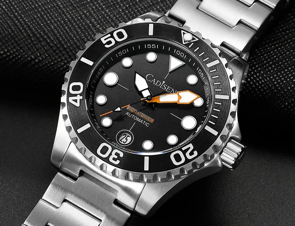 Cadisen Aqua Diver automatic watch with stainless steel bracelet, black dial, orange hands, 100m water resistant