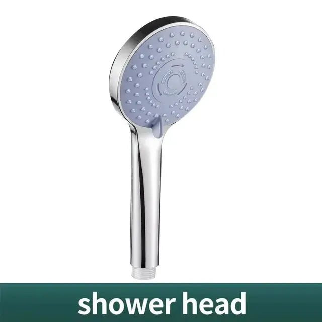 Handheld chrome shower head with gray spray face and multi-nozzle pattern.
