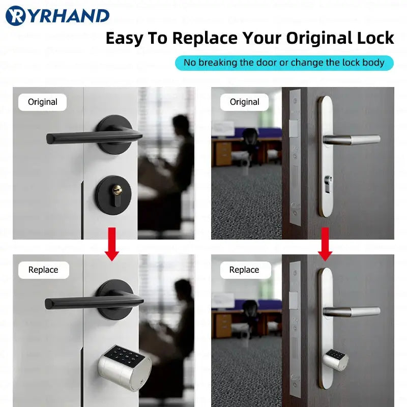 YRHAND smart euro cylindrical door lock with keypad, keyless fingerprint entry, silver metal finish.