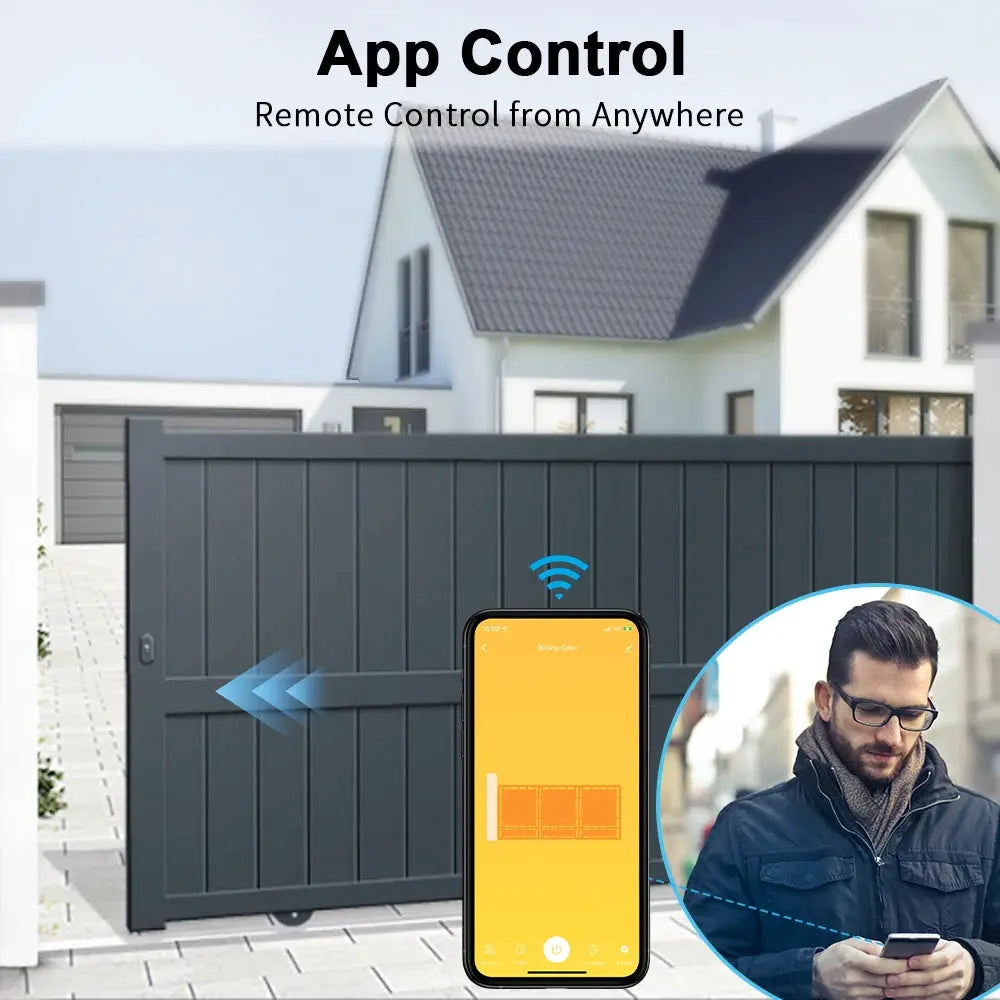 LoraTap Tuya smart gate opener controller by Simples Market; dark-gray articulated-arm motor with app control