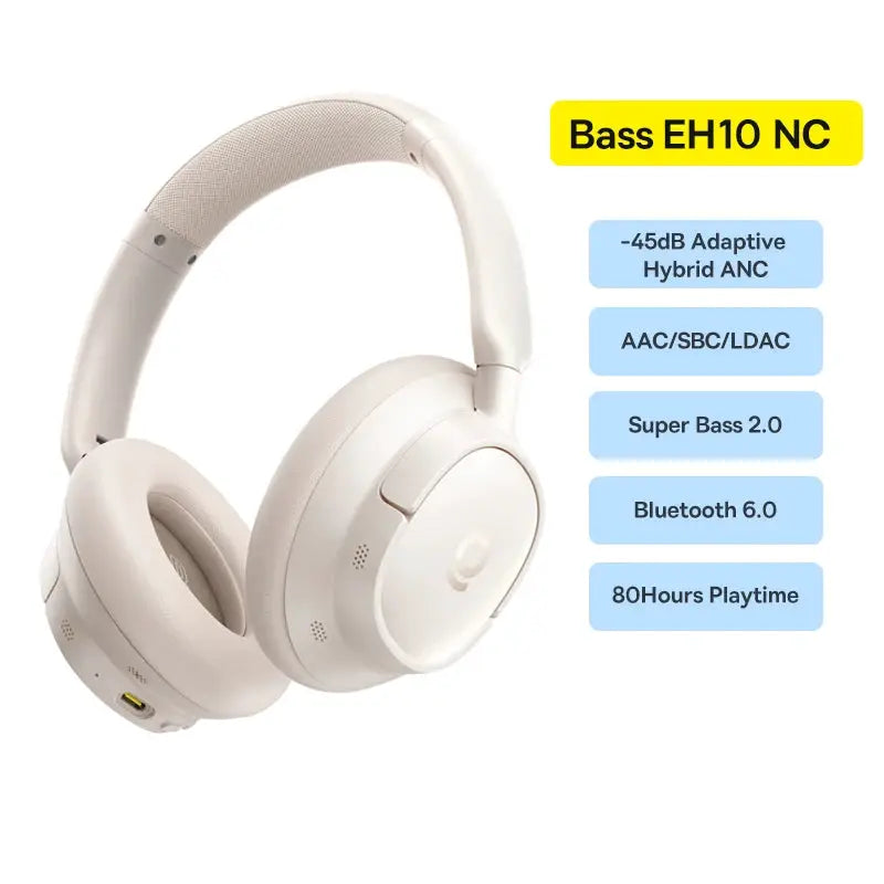 Baseus Bass EH10 NC wireless over-ear headphones beige, Bluetooth 6.0 with active noise cancellation and 80h playback.