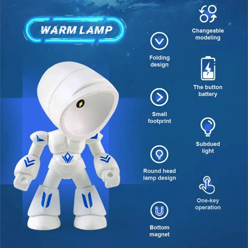 Mini night light LED cartoon hero police desk lamp by Simples Market, white robot figure with blue accents