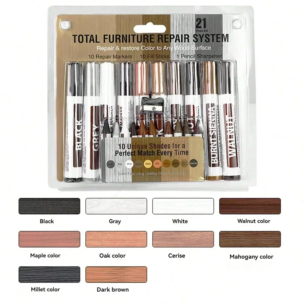 Furniture touch-up kit by Simples Market, 21-piece with markers, filler sticks and pencil sharpener; wood-tone color swatches