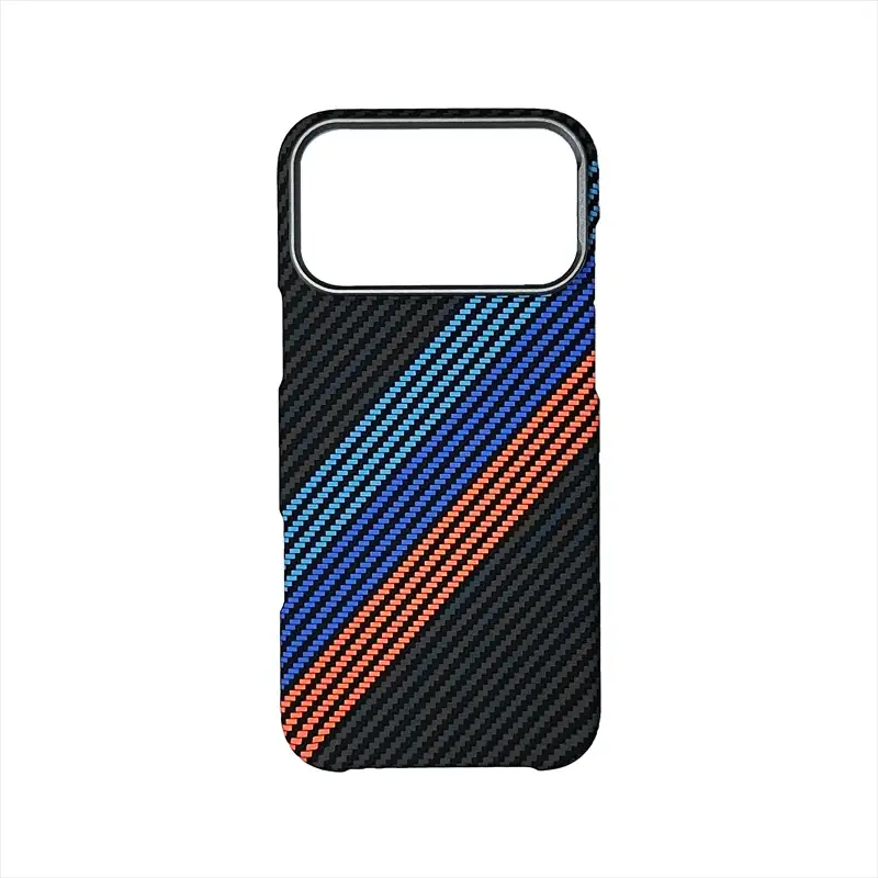 iPhone case with carbon fiber texture and abstract blue and orange diagonal stripes, compatible with MagSafe