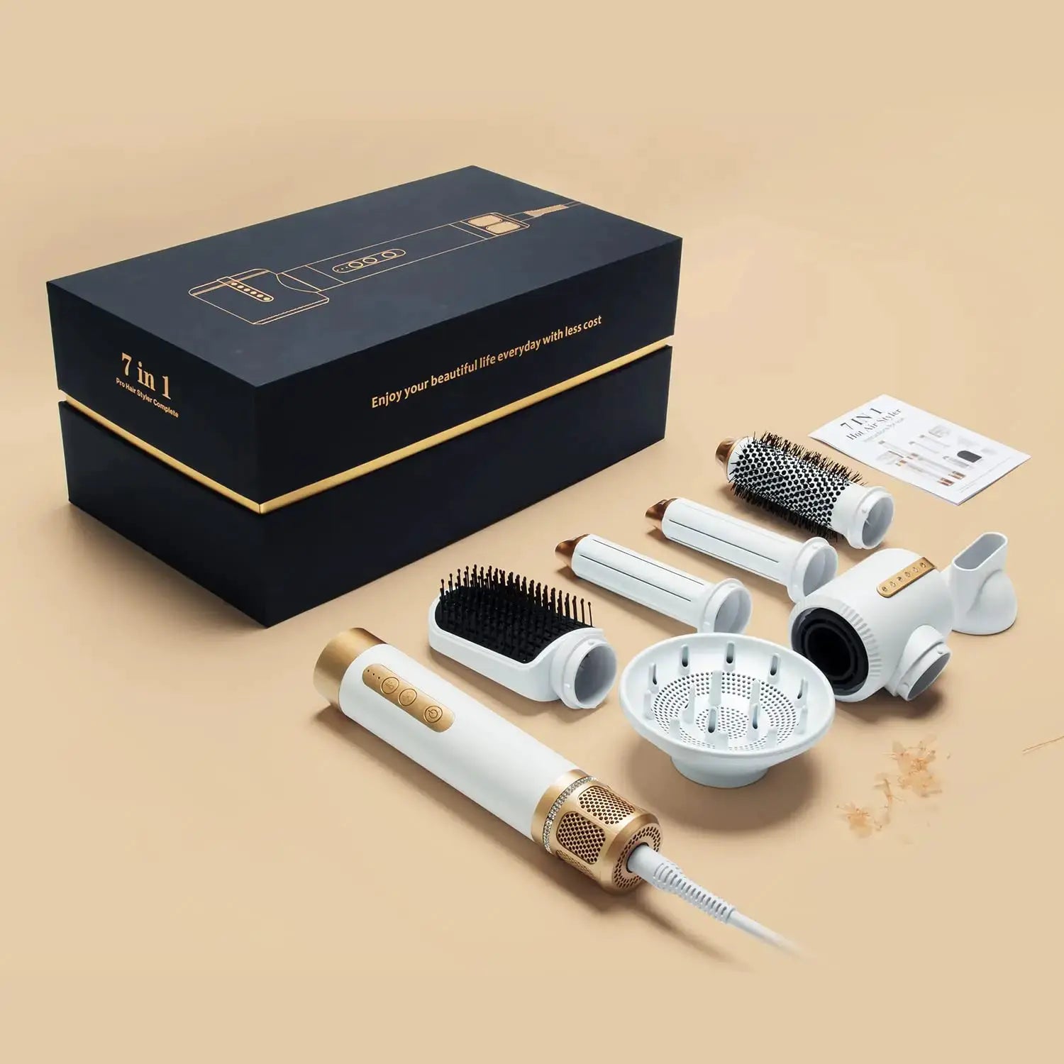 7-in-1 hair dryer brush set by Simples Market in white with gold accents and multiple attachments