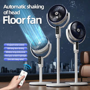 Three white pedestal floor fans with remotes on adjustable stands for home cooling.