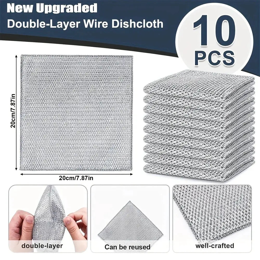 Simples Market double-layer steel wire dishcloths, 10-piece pack, 20 cm square, silver microfiber mesh non-scratch towels