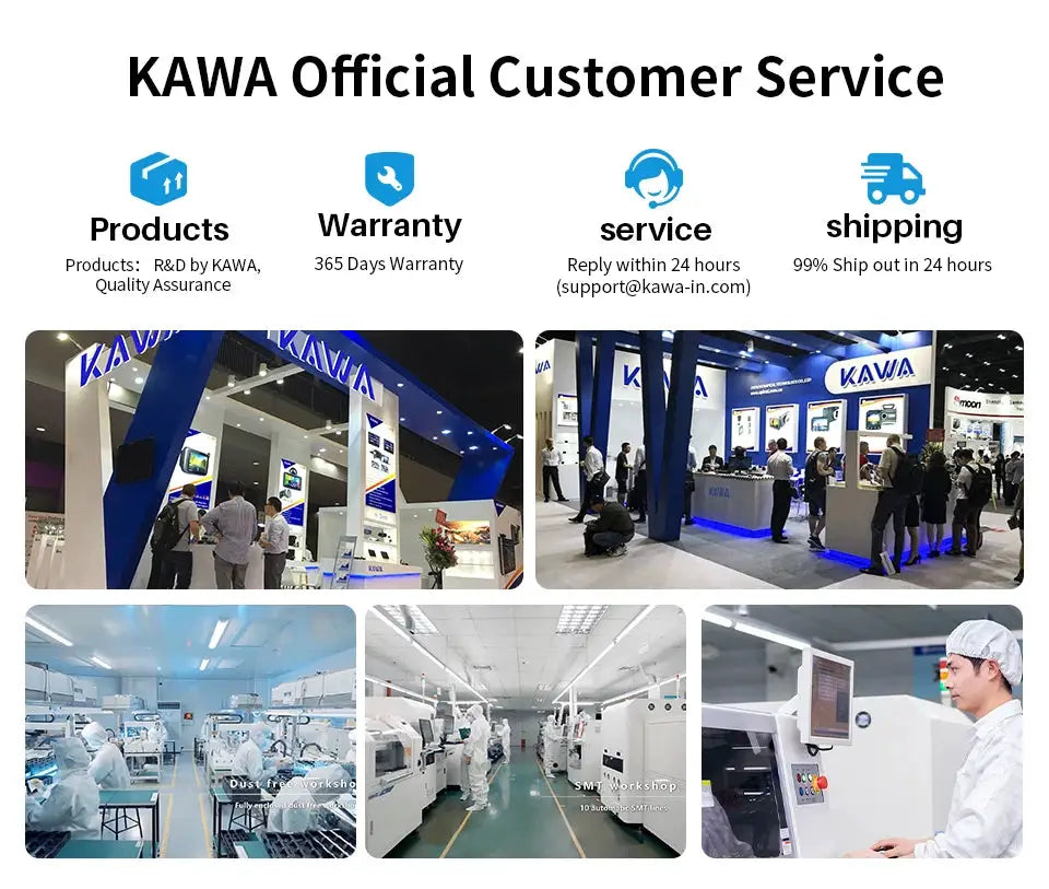KAWA dash cam showroom and factory collage; 5 branded booth and workshop photos.