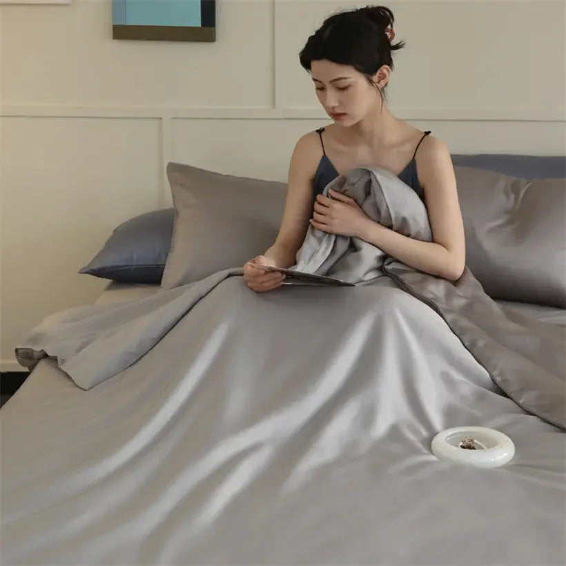 Mulberry Silk Bedding Set by Simples Market, gray 100% silk duvet cover set with sheets and pillowcases