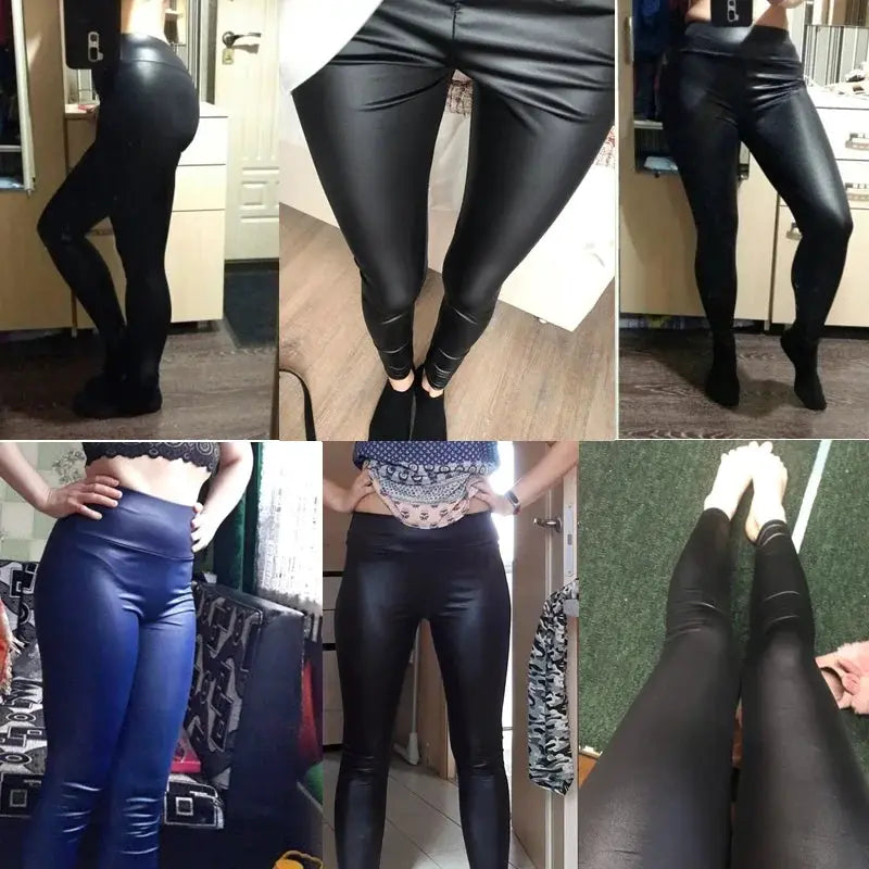High-Waist Faux Leather Pants collage with six views in black and blue, stretchy four-season leggings