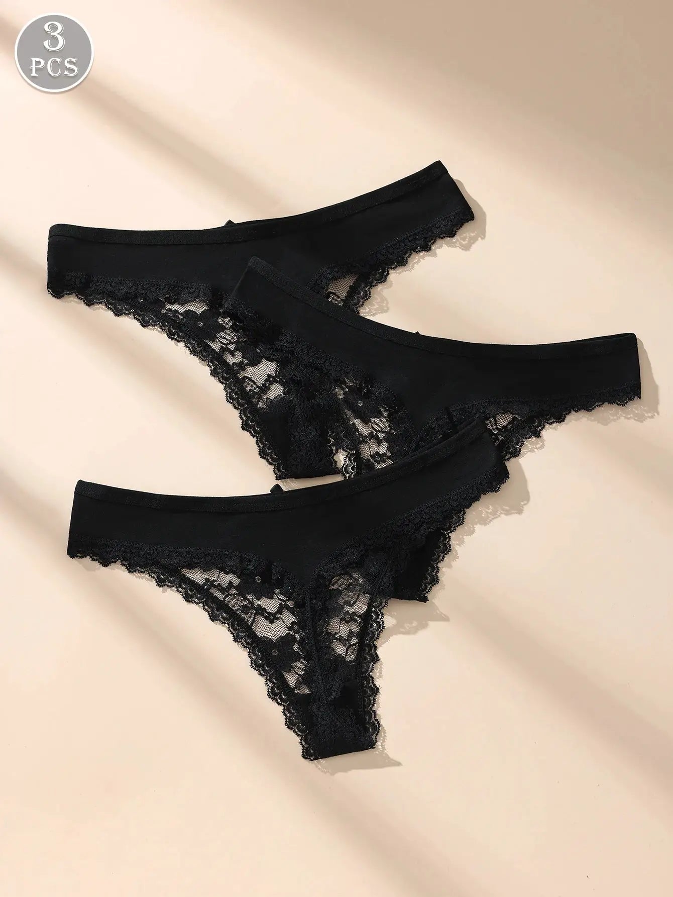 3-piece black lace bow women's underwear set; low-waist, breathable, seamless lace briefs