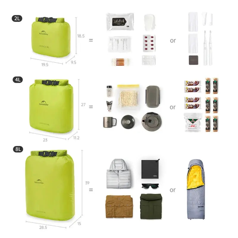 Naturehike rolled storage bags 3-piece green set (2L, 4L, 8L) for outdoor travel Simples Market