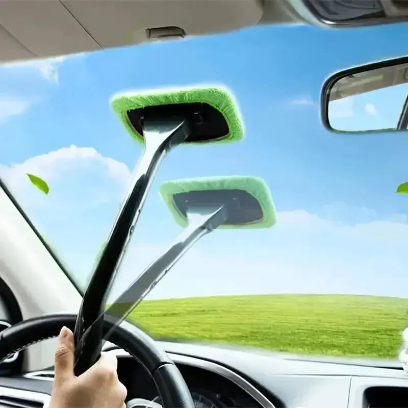 Simples Market windshield wash tool window cleaning brush kit two long black handles with green microfiber pads