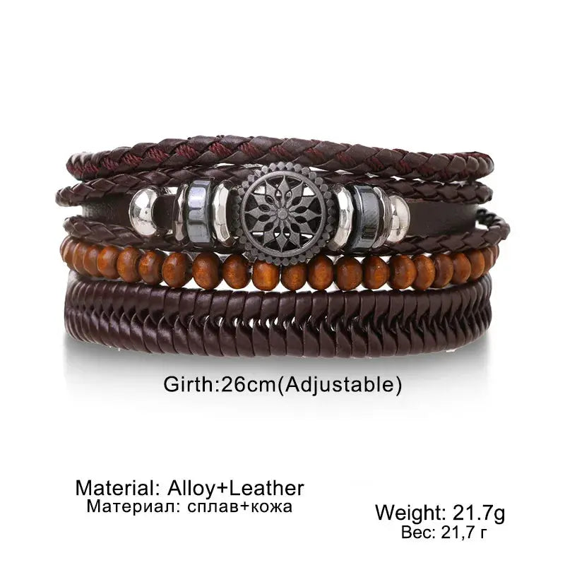 4 Piece Set Braided Leather Wrap Bracelets For Men Vintage Life Tree Rudder Charm Wood Beads Ethnic Tribal Wristbands