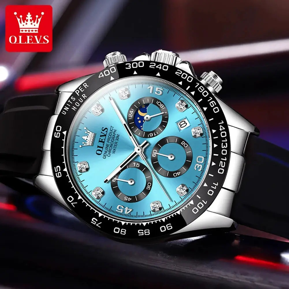 OLEVS 2875 men's quartz chronograph watch, blue dial with moon phase, crystal markers, silicone strap