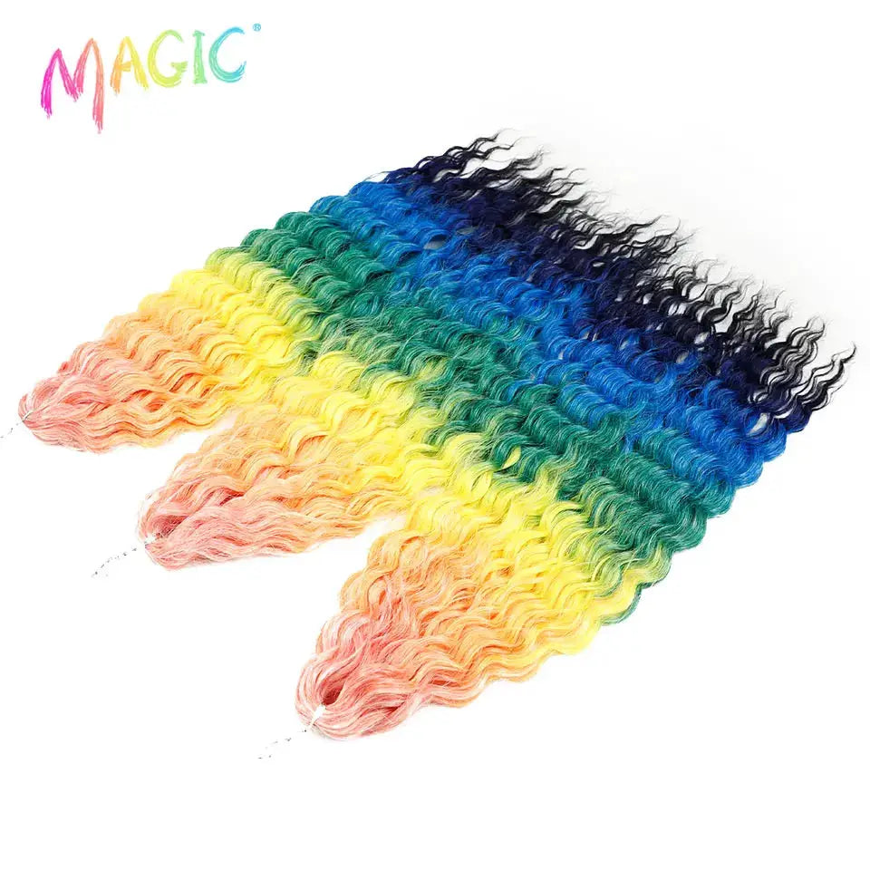 Magic Ariel Curl crochet hair extensions, rainbow ombre 22 inch deep water wave, 3 bundles by Simples Market