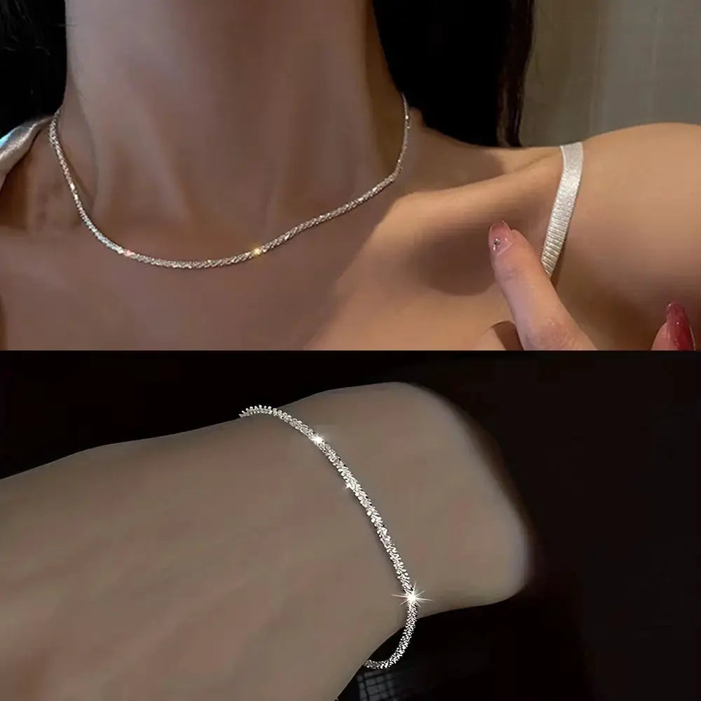 Silver Plated Collarbone Chain Necklace And Bracelet Set Minimalist Starry Sky Jewelry For Women