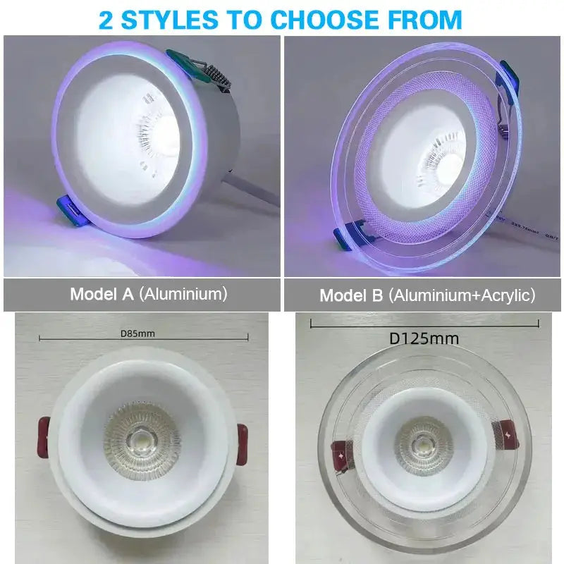 LED downlight recessed ceiling spotlight; two styles A aluminium (D85mm) and B aluminium+acrylic (D125mm) with 3-color