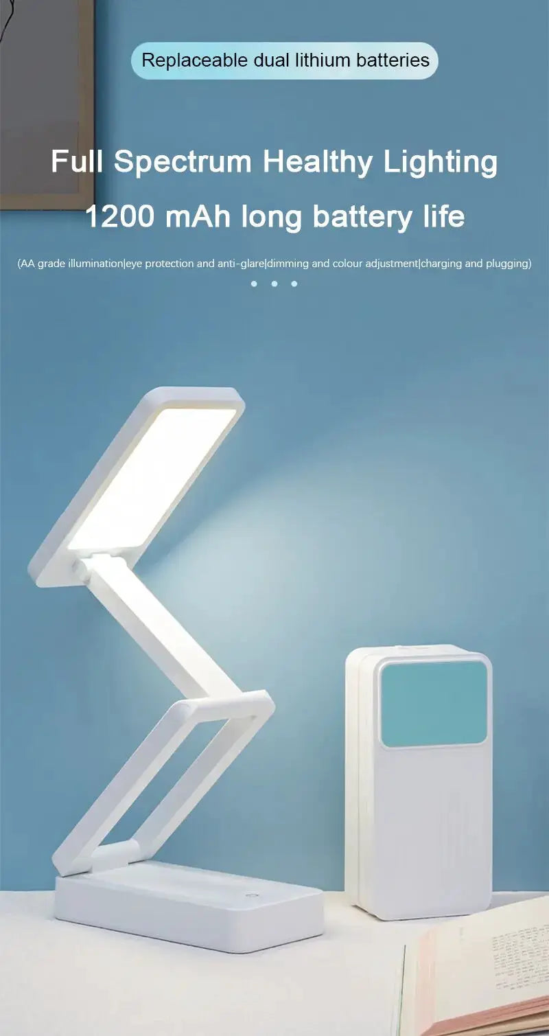 Folding LED desk lamp with white adjustable arm and separate 1200 mAh rechargeable battery pack