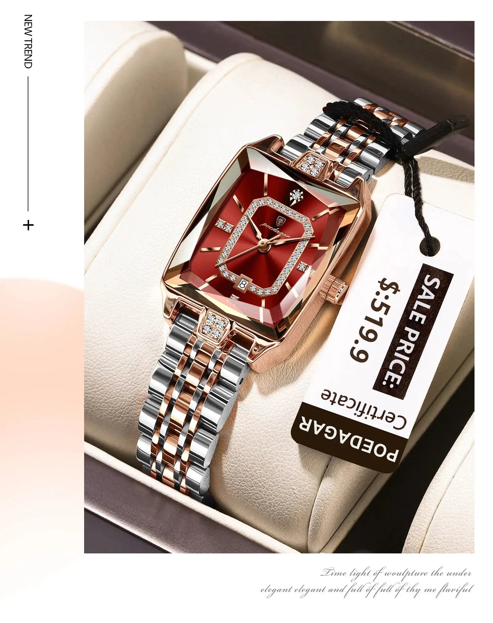 POEDAGAR women's rectangular watch with two-tone rose gold and silver bracelet, red crystal dial and date window.
