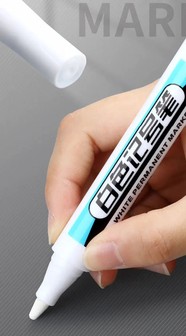 White marker pen with blue accent; waterproof oil-based ink, 0.7/1.0/2.5mm for wood, glass, plastic, metal, ceramic — Simples Market
