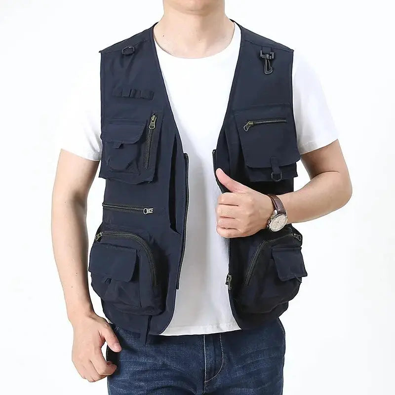 Men's navy blue multipocket quick-dry mesh fishing vest with zip pockets and utility pouches.
