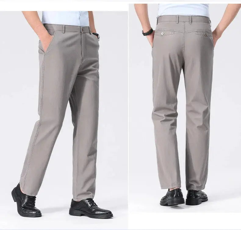 Simples Market men's grey chino pants, lightweight dress trousers with pockets, front and back views