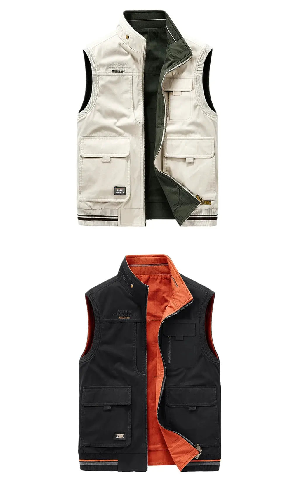 Simples Market men's cotton utility vest set; beige khaki and black/orange double-sided with multiple pockets, 2-pack.