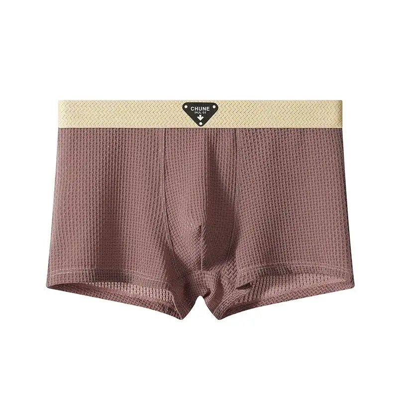 Men's brown satin-like boxer shorts with beige waistband, CHUNE logo