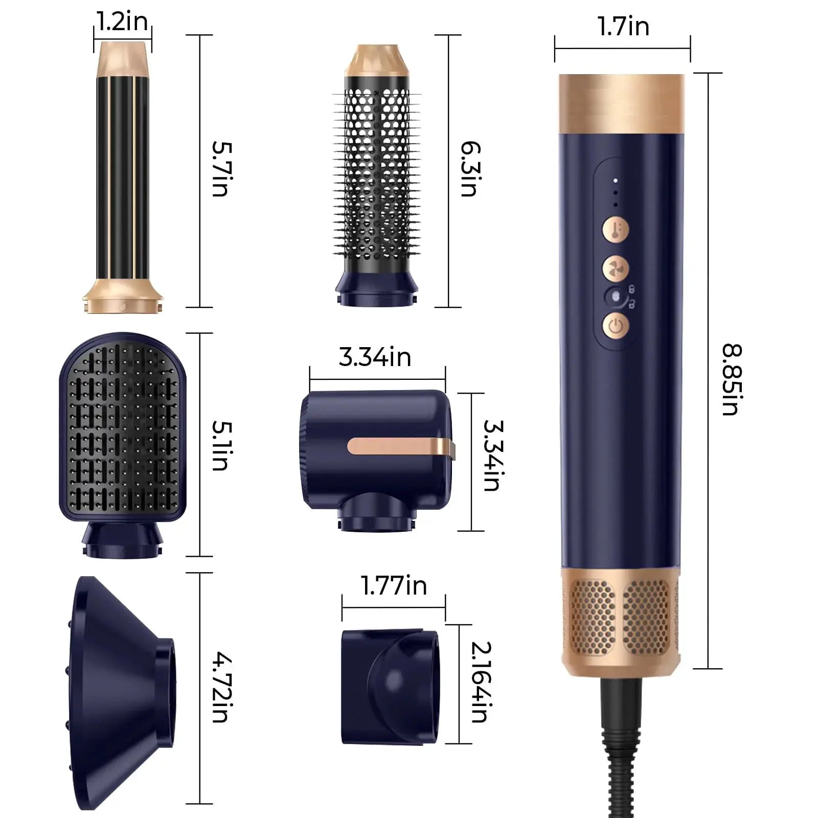 Simples Market 7-in-1 hair dryer brush set in navy blue with rose-gold accents and diffuser