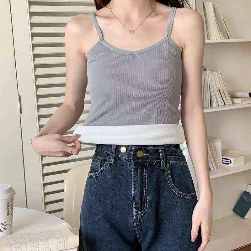 VelvetyLux Thermal Velvet Crop Top For Women Elastic Fit For Comfortable Layering Black Tank