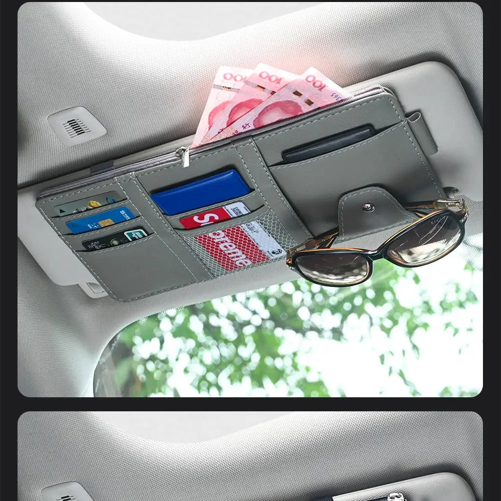 JFBONIN car sun visor organizer by Simples Market; gray leather-style with card slots, cash pocket, and sunglasses clip.