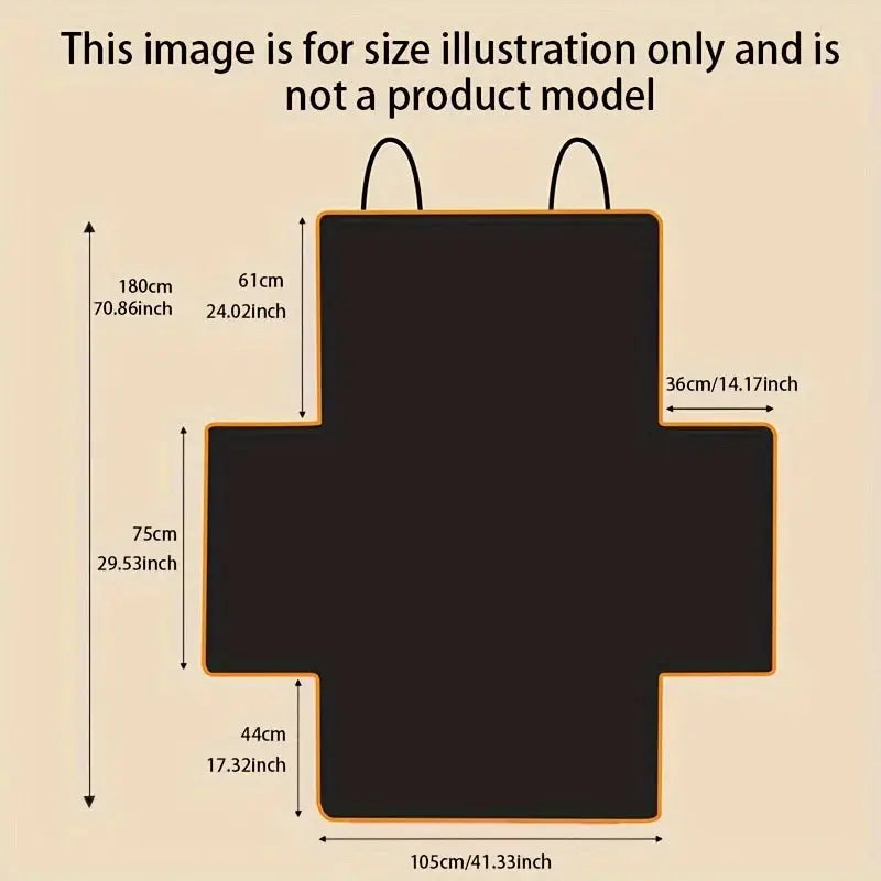 Cross-shaped car trunk mat for SUVs with orange edge on black surface; size illustration showing dimensions.