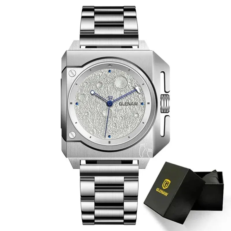 Glenaw men's stainless steel mechanical watch with moon dial and blue hands, in a Glenaw box.