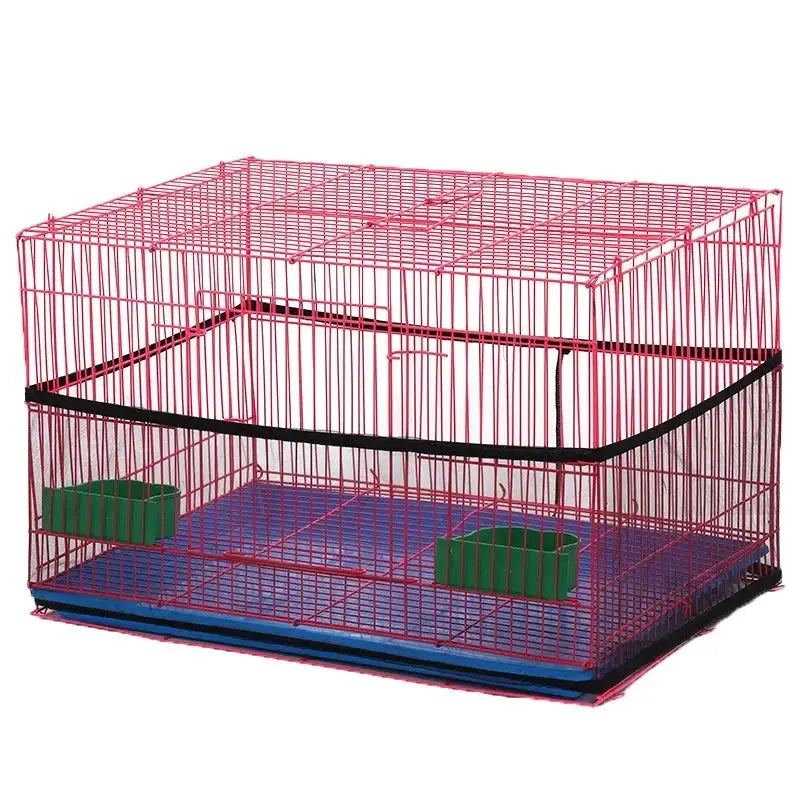Simples Market pink bird cage with blue base tray and two green feeders