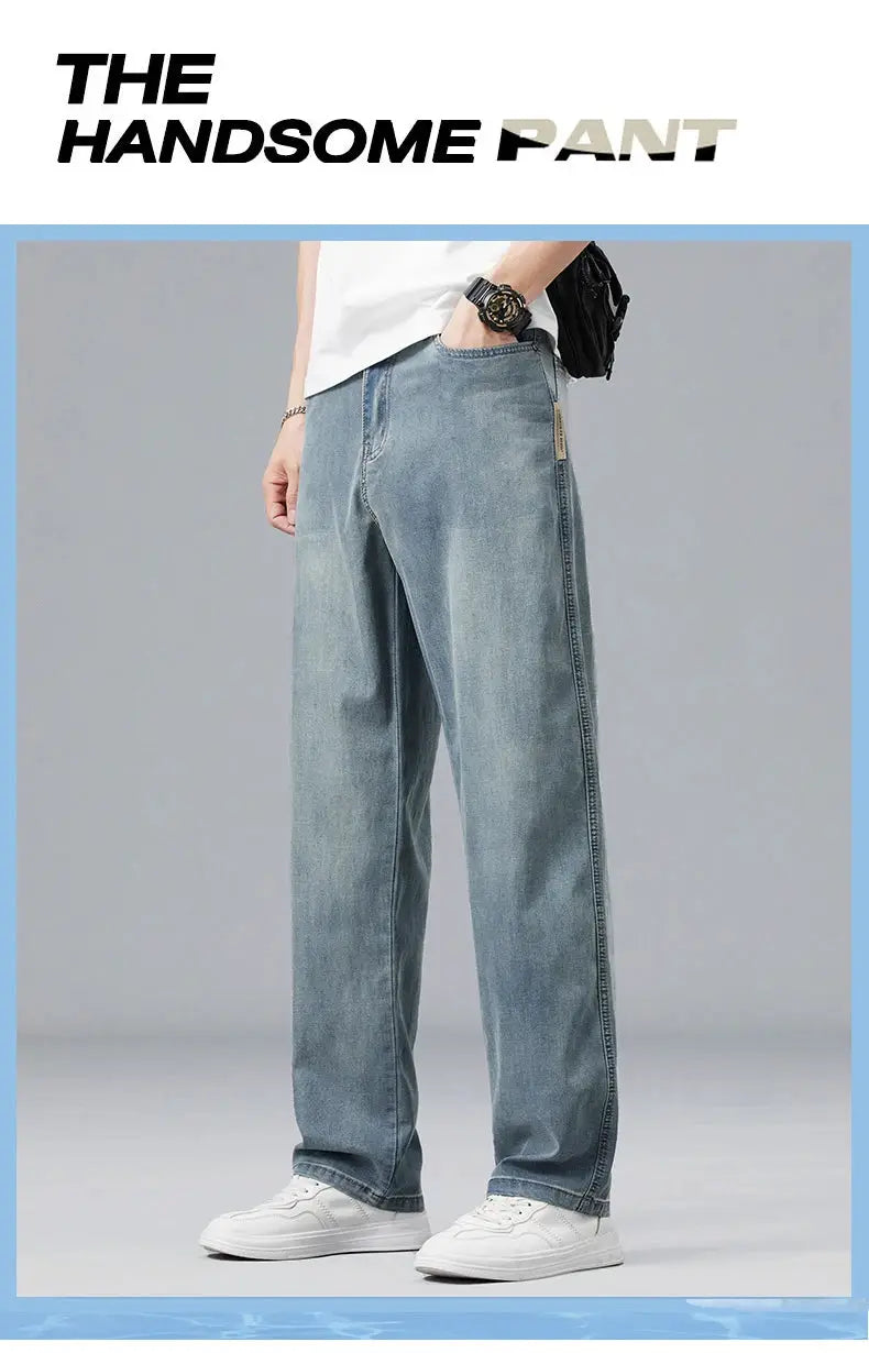 Simples Market men's light blue denim jeans, loose straight fit for casual wear