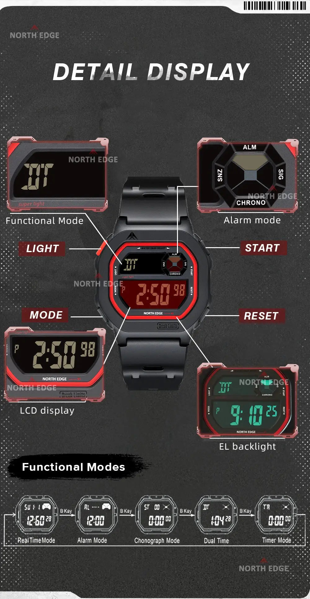 North Edge X1 square-screen digital watch by Simples Market; black with red trim, waterproof 50M, with stopwatch, countdown and alarm