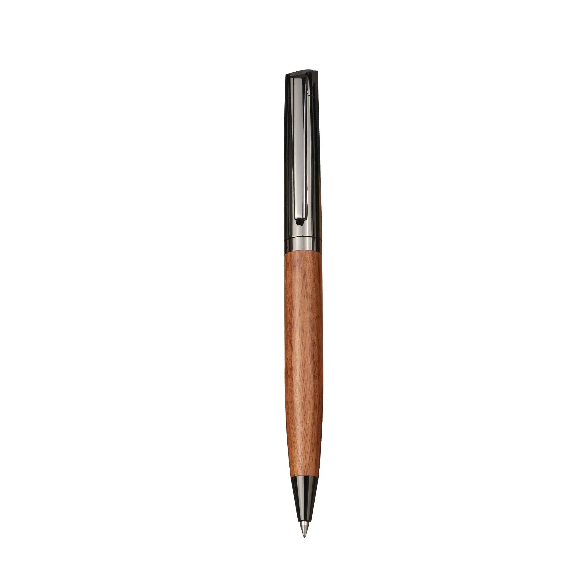 Wooden-barrel metal ballpoint pen with clip and black ink