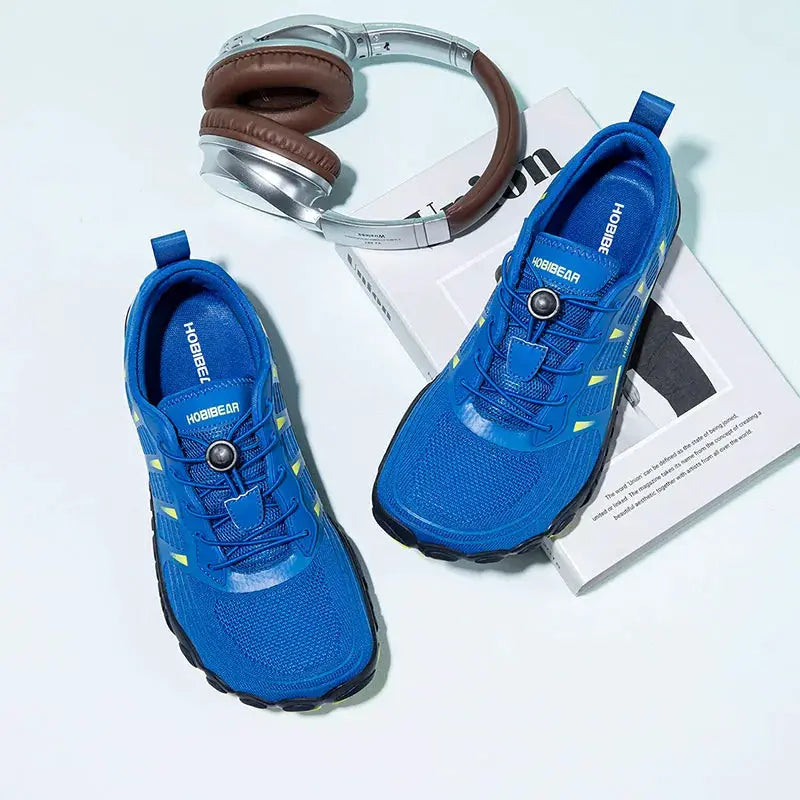 HOBIBEAR blue barefoot shoes with breathable mesh and elastic band toggle, 2 pair shown