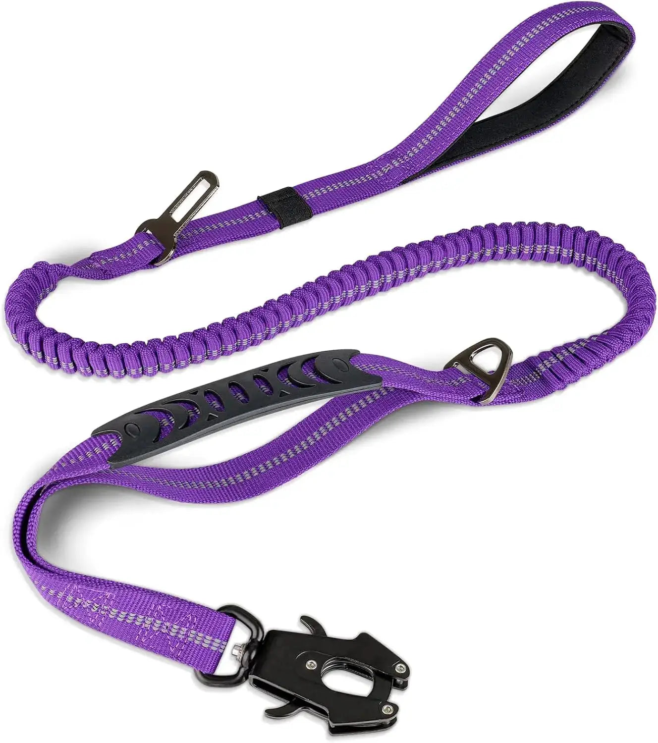 Reflective shock-absorbing dog leash, purple, heavy-duty bungee with car-seatbelt buckle for large dogs