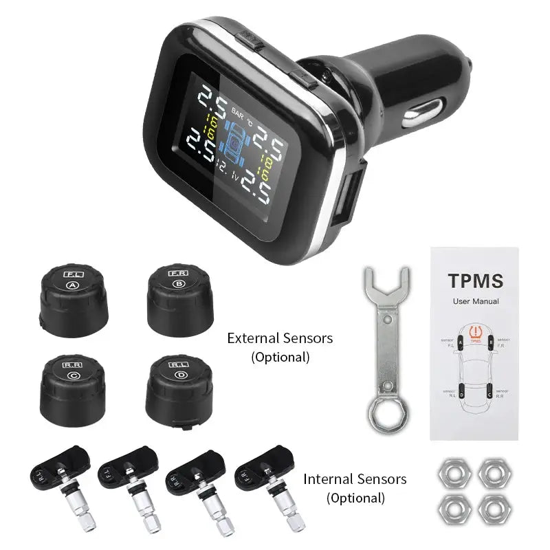 Car TPMS wireless cigarette-lighter USB display with 4 external and 4 internal sensors